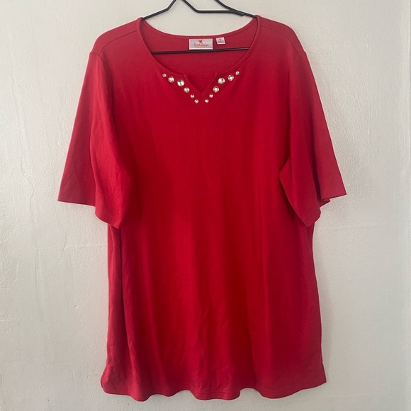 Quacker Factory Red Rhinestone Half Sleeve Tunic Top Women’s Plus Size 1X - Picture 8 of 8